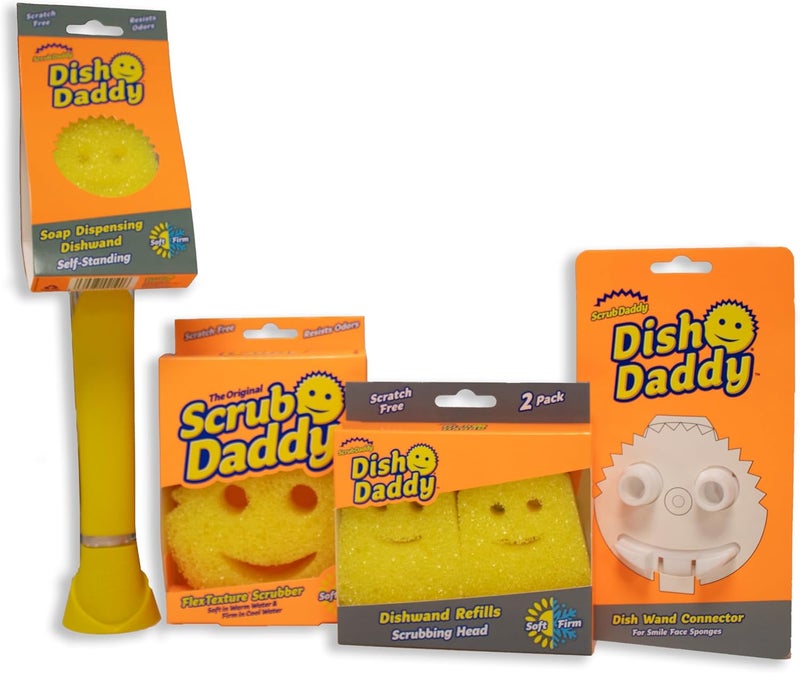 Scrub Daddy عصا ديس دادى، رؤوس إعادة تعبئة، إسفنجة ورأس موصل، فرشاة غسل الصحون مع موزع صابون، إسفنجة غسل ذات تغيير في الملمس مع مقبض سائل، كاشط مدمج ورأس فرك - أصفر - Image 1